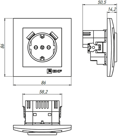 розетка 1-местная EKF EWR16-028-10-2USB "Валенсия" - размеры
