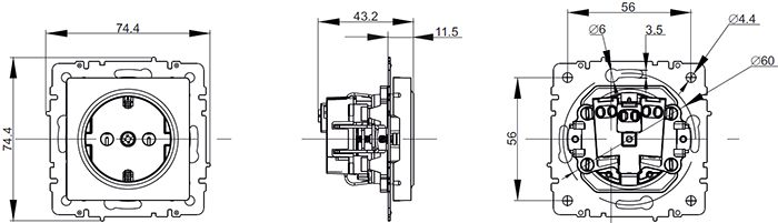 розетка 1-местная с з/к IEK Brite - размеры