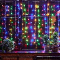 Гирлянда занавес 3*2м мульти 240свд соединяемая IP44 прозрачный провод мерцание