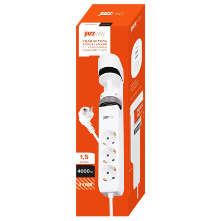 Удлинитель 3-мест 1,5м ПВС 3*1 белый выкл 3*USB Jazzway  струбцина