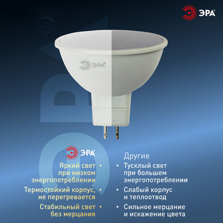 Лампа свд GU5.3 8Вт 6000К 800лм MR16 матовая  ЭРА низковольтная